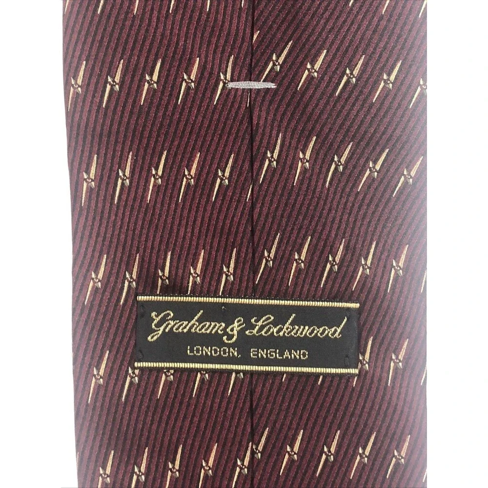Graham & Lockwood Necktie Silk Red Burgundy Stiped with Gold bolts Rare Defect